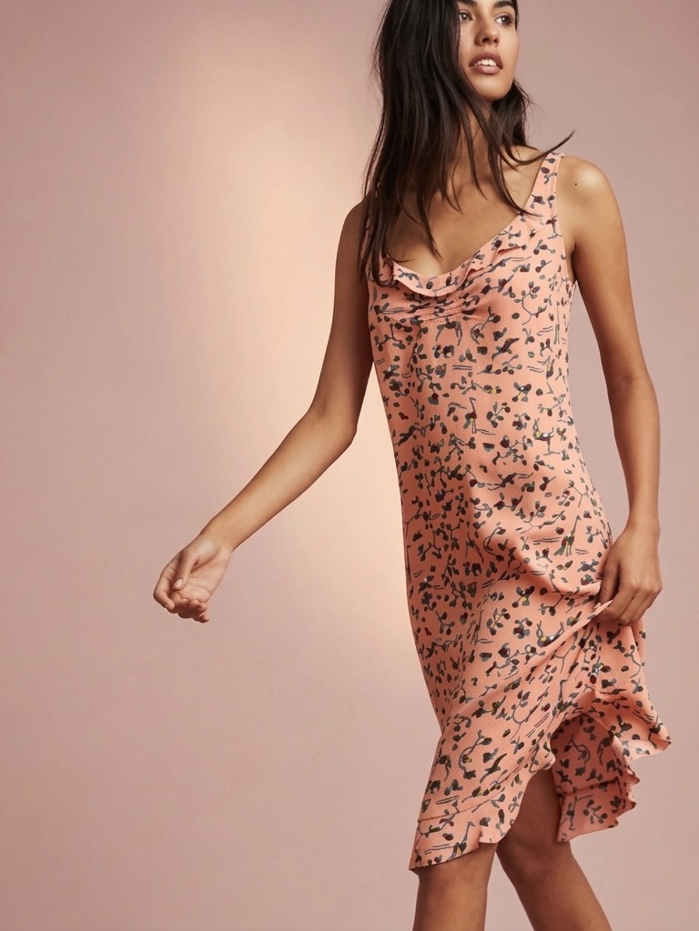 Sold Anthropologie Floreat Peach Pink Bird Floral Slip Dress Ruffle Hem Cutout - Picture 13 of 13